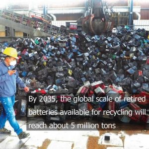 到2035年，全球可用于回收的退役電池的規(guī)模將達到約500萬噸。
